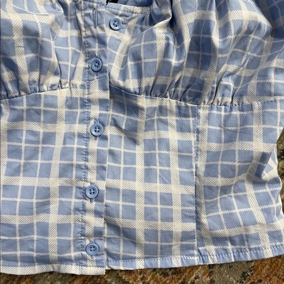 Baby Blue Plaid Puff Sleeve Crop Top Daisy Duke Medium - Picture 9 of 11
